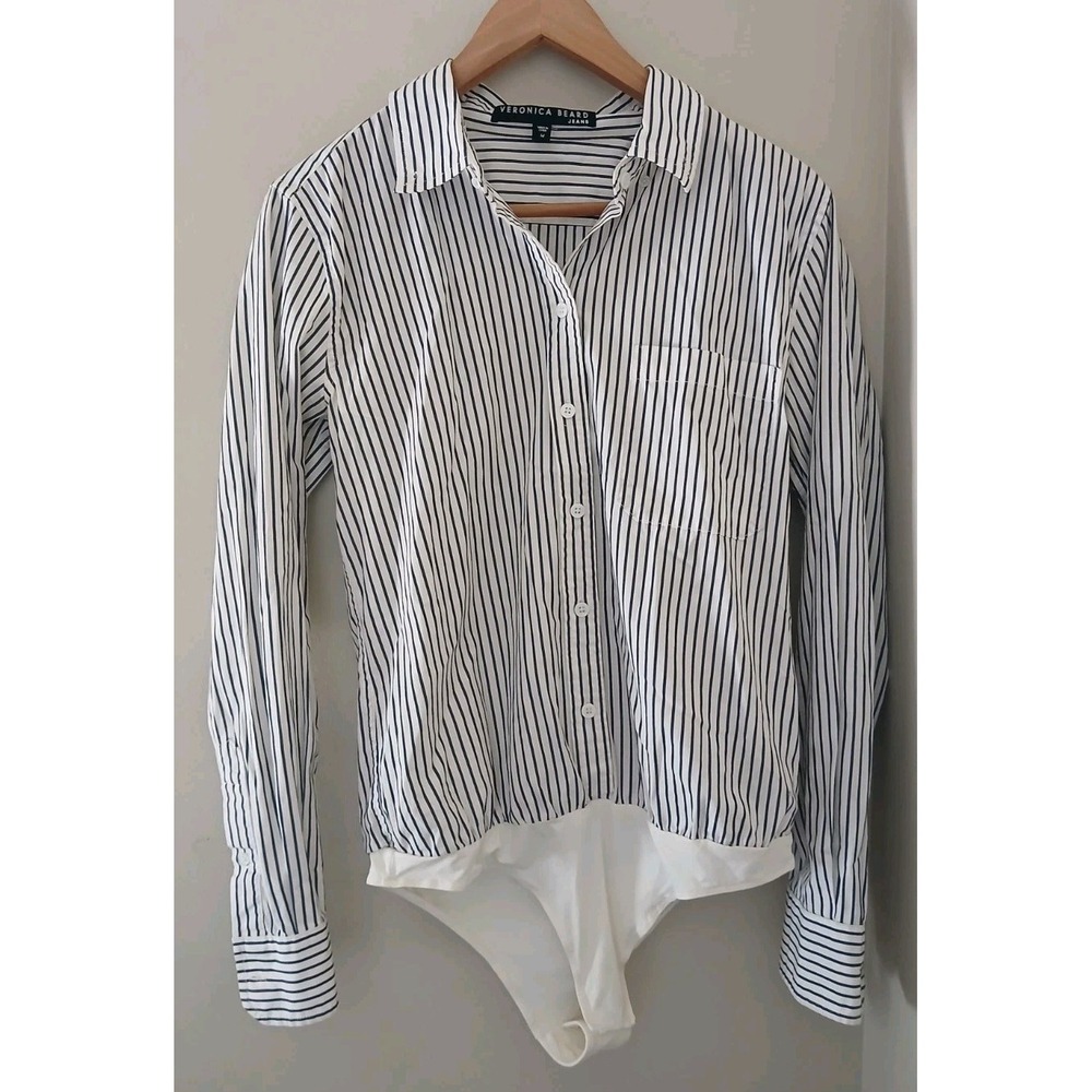 Veronica Beard Button Down Bodysuit Blouse Size Medium Stripes Work Preppy